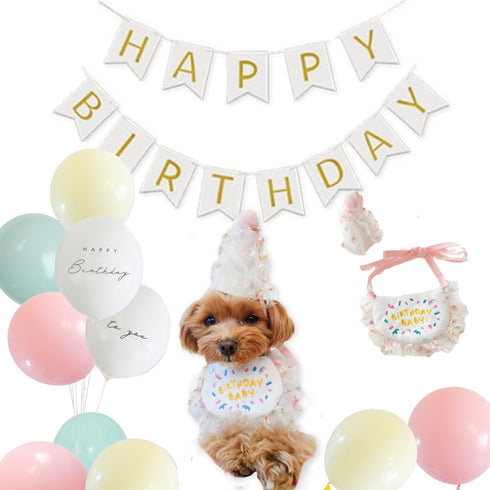 Pettomo うちの子記念 5点セット パーティー バースデー バルーン ペット用 犬 猫 小型犬 ハット ビブ ペットモ