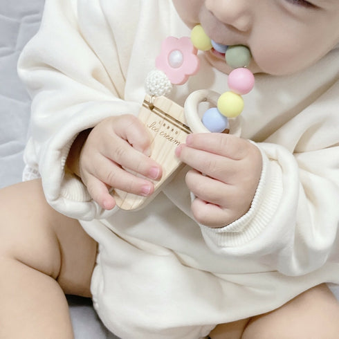 LABRO アイスクリーム 歯固め 木製 木のおもちゃ シリコンビーズ ファーストトイ 花 パステル 単色 ワンカラー ラブロ 天然木