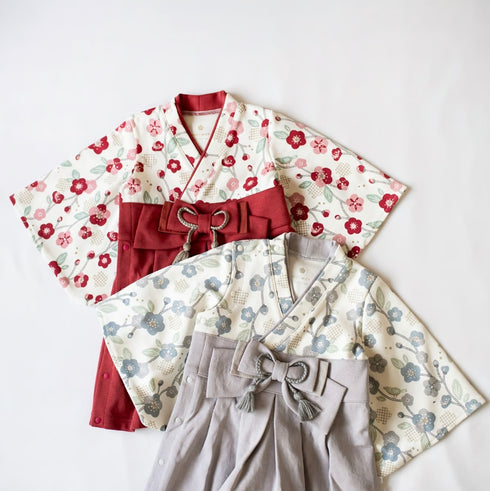 mocmof ベビー 袴 ロンパース うめ柄 622-556000 レッド グレー 70cm 80cm 90cm 着物 節句 お祝い お正月 モクモフ