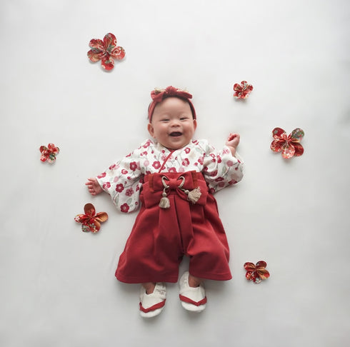 mocmof ベビー 袴 ロンパース うめ柄 622-556000 レッド グレー 70cm 80cm 90cm 着物 節句 お祝い お正月 モクモフ