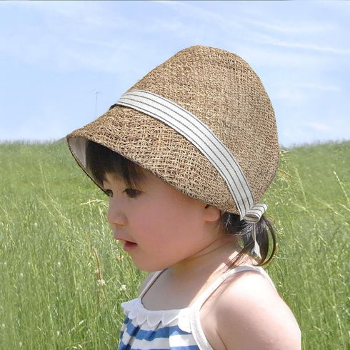 kubomi 麦わら帽子 ストライプリボン キッズサイズ 48cm 52cm くぼみ