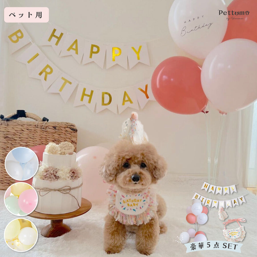 Pettomo うちの子記念 5点セット パーティー バースデー バルーン ペット用 犬 猫 小型犬 ハット ビブ ペットモ