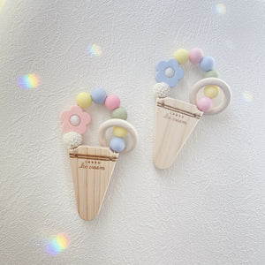 LABRO アイスクリーム 歯固め 木製 木のおもちゃ シリコンビーズ ファーストトイ 花 パステル