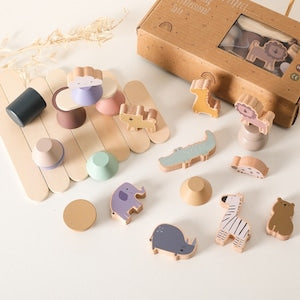 どうぶつ積み木タワー 木製おもちゃ Animal Cartoon Toys