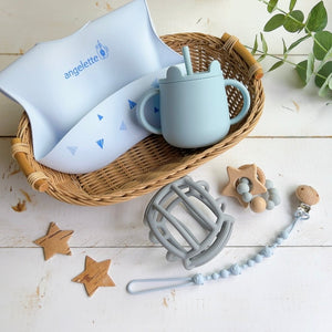 出産祝いに♪ ソーダカラー 5点セット ベビーセット ストローマグ お食事エプロン ベビーボール 木のおもちゃ トイホルダー