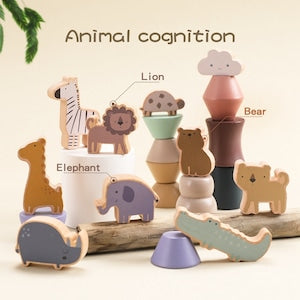 どうぶつ積み木タワー 木製おもちゃ Animal Cartoon Toys