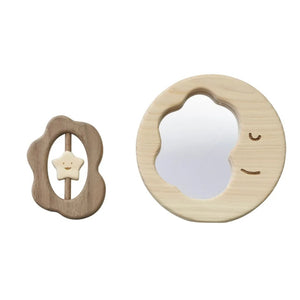 IKONIH はじめてミラーラトルセット 天然木 出産祝い 国産ひのき ラトルのおもちゃ フォトフレーム アイコニー