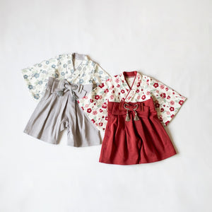 mocmof ベビー 袴 ロンパース うめ柄 622-556000 レッド グレー 70cm 80cm 90cm 着物 節句 お祝い お正月 モクモフ