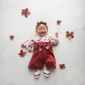 mocmof ベビー 袴 ロンパース うめ柄 622-556000 レッド グレー 70cm 80cm 90cm 着物 節句 お祝い お正月 モクモフ